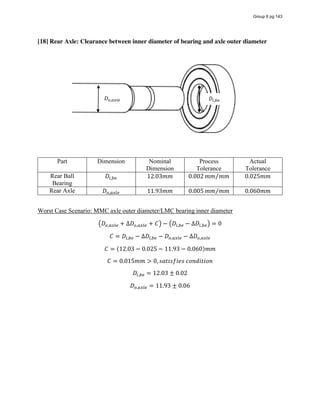 [18] Rear Axle: Clearance between inner diameter of bearing and axle outer diameter
Part Dimension Nominal
Dimension
Process
Tolerance
Actual
Tolerance
Rear Ball
Bearing
𝐷 , 12.03𝑚𝑚 0.002 𝑚𝑚 𝑚𝑚⁄ 0.025𝑚𝑚
Rear Axle 𝐷 , 11.93𝑚𝑚 0.005 𝑚𝑚 𝑚𝑚⁄ 0.060𝑚𝑚
Worst Case Scenario: MMC axle outer diameter/LMC bearing inner diameter
𝐷 , + ∆𝐷 , + 𝐶 − 𝐷 , − ∆𝐷 , = 0
𝐶 = 𝐷 , − ∆𝐷 , − 𝐷 , − ∆𝐷 ,
𝐶 = (12.03 − 0.025 − 11.93 − 0.060)𝑚𝑚
𝐶 = 0.015𝑚𝑚 > 0, 𝑠𝑎𝑡𝑖𝑠𝑓𝑖𝑒𝑠  𝑐𝑜𝑛𝑑𝑖𝑡𝑖𝑜𝑛
𝐷 , = 12.03 ± 0.02
𝐷 , = 11.93 ± 0.06
𝐷 , 𝐷 ,
Group 6 pg 143
 