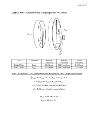[22] Rear Axle: Clearance between casing caliprer and brake drum
Part Dimension Nominal
Dimension
Process
Tolerance
Actual
Tolerance
Brake Drum 𝐷 , 80.34𝑚𝑚 0.005 𝑚𝑚 𝑚𝑚⁄ 0.402𝑚𝑚
Brake Caliper 𝐷 , 82.63𝑚𝑚 0.005 𝑚𝑚 𝑚𝑚⁄ 0.412𝑚𝑚
Worst Case Scenario: MMC Brake Drum outer diamter/LMC Brake Caliper inner diameter
𝐷 , + ∆𝐷 , + 𝐶 − 𝐷 , − ∆𝐷 , = 0
𝐶 = 𝐷 , − ∆𝐷 , − 𝐷 , − ∆𝐷 ,
𝐶 = (82.63 − 0.412 − 80.34 − 0.402)𝑚𝑚
𝐶 = 1.48𝑚𝑚 > 0, 𝑠𝑎𝑡𝑖𝑠𝑓𝑖𝑒𝑠  𝑐𝑜𝑛𝑑𝑖𝑡𝑖𝑜𝑛
𝐷 , = 80.34 ± 0.40
𝐷 , = 82.63 ± 0.41
𝐷 ,
𝐷 ,
Group 6 pg 149
 