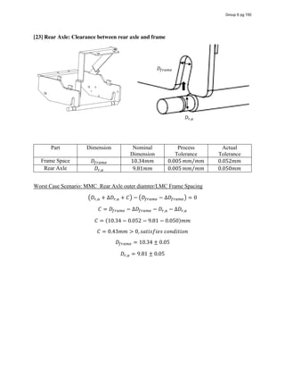 [23] Rear Axle: Clearance between rear axle and frame
Part Dimension Nominal
Dimension
Process
Tolerance
Actual
Tolerance
Frame Space 𝐷 10.34𝑚𝑚 0.005 𝑚𝑚 𝑚𝑚⁄ 0.052𝑚𝑚
Rear Axle 𝐷 , 9.81𝑚𝑚 0.005 𝑚𝑚 𝑚𝑚⁄ 0.050𝑚𝑚
Worst Case Scenario: MMC Rear Axle outer diamter/LMC Frame Spacing
𝐷 , + ∆𝐷 , + 𝐶 − 𝐷 − ∆𝐷 = 0
𝐶 = 𝐷 − ∆𝐷 − 𝐷 , − ∆𝐷 ,
𝐶 = (10.34 − 0.052 − 9.81 − 0.050)𝑚𝑚
𝐶 = 0.43𝑚𝑚 > 0, 𝑠𝑎𝑡𝑖𝑠𝑓𝑖𝑒𝑠  𝑐𝑜𝑛𝑑𝑖𝑡𝑖𝑜𝑛
𝐷 = 10.34 ± 0.05
𝐷 , = 9.81 ± 0.05
𝐷
𝐷 ,
Group 6 pg 150
 