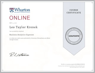 EDUCA
T
ION FOR EVE
R
YONE
CO
U
R
S
E
C E R T I F
I
C
A
TE
COURSE
CERTIFICATE
MAY 14, 2016
Leo Taylor Krenek
Business Analytics Capstone
an online non-credit course authorized by University of Pennsylvania and offered
through Coursera
has successfully completed
Verify at coursera.org/verify/SS8KZ2V7BLVB
Coursera has confirmed the identity of this individual and
their participation in the course.
 