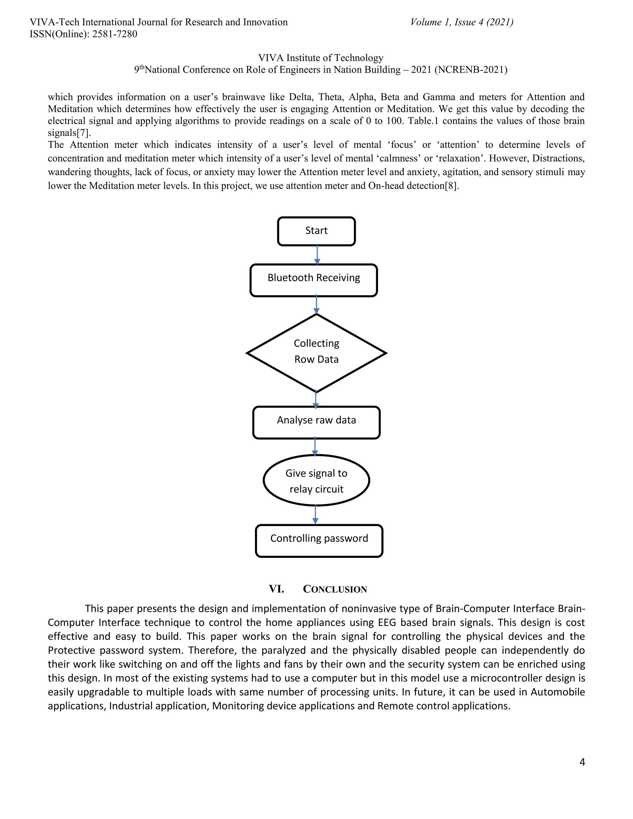 4
VIVA-Tech International Journal for Research and Innovation Volume 1, Issue 4 (2021)
ISSN(Online): 2581-7280
VIVA Institute of Technology
9th
National Conference on Role of Engineers in Nation Building – 2021 (NCRENB-2021)
which provides information on a user’s brainwave like Delta, Theta, Alpha, Beta and Gamma and meters for Attention and
Meditation which determines how effectively the user is engaging Attention or Meditation. We get this value by decoding the
electrical signal and applying algorithms to provide readings on a scale of 0 to 100. Table.1 contains the values of those brain
signals[7].
The Attention meter which indicates intensity of a user’s level of mental ‘focus’ or ‘attention’ to determine levels of
concentration and meditation meter which intensity of a user’s level of mental ‘calmness’ or ‘relaxation’. However, Distractions,
wandering thoughts, lack of focus, or anxiety may lower the Attention meter level and anxiety, agitation, and sensory stimuli may
lower the Meditation meter levels. In this project, we use attention meter and On-head detection[8].
VI. CONCLUSION
This paper presents the design and implementation of noninvasive type of Brain-Computer Interface Brain-
Computer Interface technique to control the home appliances using EEG based brain signals. This design is cost
effective and easy to build. This paper works on the brain signal for controlling the physical devices and the
Protective password system. Therefore, the paralyzed and the physically disabled people can independently do
their work like switching on and off the lights and fans by their own and the security system can be enriched using
this design. In most of the existing systems had to use a computer but in this model use a microcontroller design is
easily upgradable to multiple loads with same number of processing units. In future, it can be used in Automobile
applications, Industrial application, Monitoring device applications and Remote control applications.
Start
Bluetooth Receiving
Collecting
Row Data
Analyse raw data
Give signal to
relay circuit
Controlling password
 