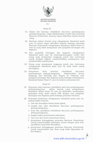 MENTERI KEUANGAN
REPUBLIK INDONESIA
- 19 -
Pasal 33
(1) Dalam hal bantuan rehabilitasi dan/ atau pembangunan
gedung/ bangunan dapat dilaksanakan sendiri oleh penerima
Bantuan Pemerintah, bantuan dapat diberikan dalam bentuk
uang.
(2) Bantuan dalam bentuk uang sebagaimana dimaksud pada
ayat (1) hanya dapat diberikan kepada lembaga penerima
Bantuan Pemerintah sebagaimana dimaksud dalam Pasal 31
ayat (1) yang telah mempunyai unit pengelola keuangan dan
kegiatan.
·
·
(3) Unit pengelola keuangan dan kegiatan sebagaimana
dimaksud pada ayat (2) sekurang-kurangnya terdiri dari
orang yang mempunyai tanggung jawab dan · wewenang
untuk menguji tagihan, menierintahkan pembayaran dan
melaksanakan pembayaran.
(4) Orang yang mempunyai tanggurig jawab dan wewenang
sebagaimana dimaksud pada ayat (3) tidak boleh sa:ling
merangkap.
· (5) Penyaluran dana bantuan rehabilitasi dan/ atau
pembangunan gedung/bangunan dilaksanakan secara
langsung dari rekening Kas Negara ke rekening unit
pengelola keuangan dan kegiatan pada lembaga sebagaimana
dimaksud dalam Pasal 31 ayat (1) melalui mekanisme LS.
Pasal 34
(1) Pencairan dana bantuan rehabilitasi dan/ atau pembangunan
gedung/ bangunan dalam bentuk uang sebagaimana
· dimaksud dalam
.
Pasal 33 ayat (1) dilakukan berdasarkan
perjanjian kerja sama antara PPK dengan unit pengelola
keuangan dan kegiatan pada lembaga penerima bantuan.
(2) Perjanjian kerjasama sebagaimana dimaksud pada ayat (1) ,
paling sedikit memuat:
a. hak dan kewajiban kedua belah pihak;
b. jumlah dan nilai rehabilitasi dan/ atau pembangunan
gedung/bangunan;
c. jenis dan spesifikasi rehabilitasi dan/ atau pembangunan
gedung/ bangunan;
d. jangka waktu penyelesaian pekerjaan;
e. tata cara dan syarat penyaluran dana;
f. pernyataan kesanggupan penerima Bantuan Pemerintah
untuk menyelesaikan pekerjaan sesuai dengan jenis dan
spesifikasi yang telah ditetapkan;
g. pernyataan kesanggupan penerima Bantuan Pemerintah
untuk menyetorkan sisa dana yang tidak digunakan ke
Kas Negara;
........ fwww.jdih.kemenkeu.go.id
 
