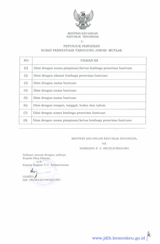 NO
( 1 )
(2)
(3)
(4)
(5)
(6)
(7)
(8)
MENTERI KEUANGAN
REPUBLIK INDONESIA
- 2 -
PETUNJUK PENGISIAN
SURAT PERNYATAAN TANGGUNG JAWAB MUTLAK
URAIAN ISI
Diisi dengan nama pimpinan/ ketua lembaga penerima bantuan
Diisi dengan alamat lembaga penerima bantuan
Diisi dengan nama bantuan
Diisi dengan nama bantuan
Diisi dengan nama bantuan
Diisi dengan tempat, tanggal, bulan dan tahun
Diisi dengan nama lembaga penerima bantuan
Diisi dengan nama pimpinan/ ketua lembaga penerima bantuan
MENTER! KEUANGAN REPUBLIK INDONESIA,
ttd .
BAMBANG P. S . BRODJONEGORO
Salinan sesuai dengan aslinya
Kepala Biro Umut:Q
u . b .
Kepala B agian T . U . Kementerian
�
GIARTO j
NIP 1 9 590420 1 98402 1 00 1
I '
www.jdih.kemenkeu.go.id
 