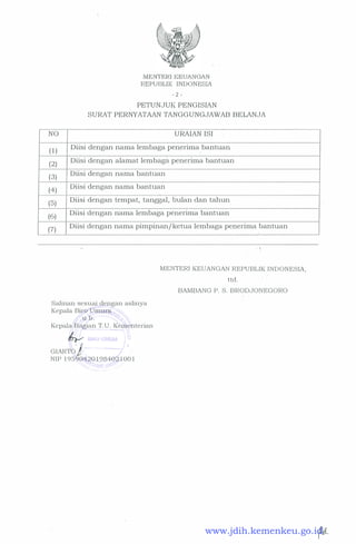 NO
( 1 )
(2)
(3)
(4)
(5)
(6)
(7)
MENTER! ICEUANGAN
REPUBLIK INDONE:SIA.
- 2 -
PETUNJUK PENGISIAN
SURAT PERNYATAAN TANGGUNGJAWAB BELANJA
URAIAN ISI
Diisi dengan nama lembaga penerima bantuan
Diisi dengan alamat lembaga penerima bantuan
Diisi dengan nama bantuan
Diisi dengan nama bantuai1
Diisi dengan tempat, tanggal, bulan dan tahun
Diisi dengan nama lembaga penerima bantuan
Diisi dengan nama pimpinan/ ketua lembaga penerima bantuan
MENTER! KEUANGAN REPUBLIK IND ONESIA,
ttd .
BAMBANG P. S . BRODJONEGORO
Salinan sesuai slengan aslinya
Kepala Bik Driliil}:;.-
;,/ u . b . I
Kepala B agian T. U . Kementerian
/rv hu 1 u.� j�
-
GIART · l .
NIP 195�Gi;J.20 ..198401 1 00 1
www.jdih.kemenkeu.go.id
 