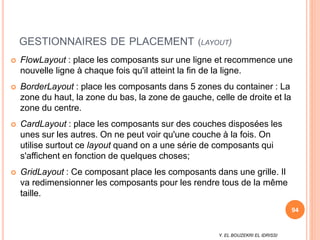 Y. EL BOUZEKRI EL IDRISSI
GESTIONNAIRES DE PLACEMENT (LAYOUT)
 FlowLayout : place les composants sur une ligne et recommence une
nouvelle ligne à chaque fois qu'il atteint la fin de la ligne.
 BorderLayout : place les composants dans 5 zones du container : La
zone du haut, la zone du bas, la zone de gauche, celle de droite et la
zone du centre.
 CardLayout : place les composants sur des couches disposées les
unes sur les autres. On ne peut voir qu'une couche à la fois. On
utilise surtout ce layout quand on a une série de composants qui
s'affichent en fonction de quelques choses;
 GridLayout : Ce composant place les composants dans une grille. Il
va redimensionner les composants pour les rendre tous de la même
taille.
94
 