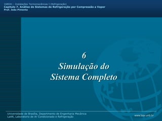 www.laar.unb.br
Universidade de Brasília, Departmento de Engenharia Mecânica
LaAR, Laboratorio de Ar Condicionado e Refrigeração
168041 - Instalações Termomecânicas I (Refrigeração)
Capitulo 7. Análise de Sistemas de Refrigeração por Compressão a Vapor
Prof. João Pimenta
6
Simulação do
Sistema Completo
 