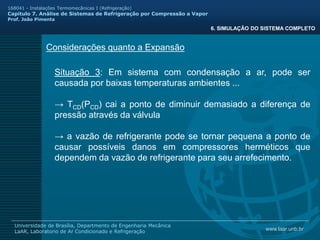 www.laar.unb.br
Universidade de Brasília, Departmento de Engenharia Mecânica
LaAR, Laboratorio de Ar Condicionado e Refrigeração
168041 - Instalações Termomecânicas I (Refrigeração)
Capitulo 7. Análise de Sistemas de Refrigeração por Compressão a Vapor
Prof. João Pimenta
Considerações quanto a Expansão
Situação 3: Em sistema com condensação a ar, pode ser
causada por baixas temperaturas ambientes ...
→ TCD(PCD) cai a ponto de diminuir demasiado a diferença de
pressão através da válvula
→ a vazão de refrigerante pode se tornar pequena a ponto de
causar possíveis danos em compressores herméticos que
dependem da vazão de refrigerante para seu arrefecimento.
6. SIMULAÇÃO DO SISTEMA COMPLETO
 