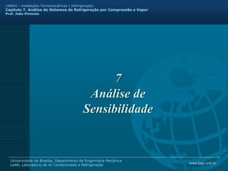 www.laar.unb.br
Universidade de Brasília, Departmento de Engenharia Mecânica
LaAR, Laboratorio de Ar Condicionado e Refrigeração
168041 - Instalações Termomecânicas I (Refrigeração)
Capitulo 7. Análise de Sistemas de Refrigeração por Compressão a Vapor
Prof. João Pimenta
7
Análise de
Sensibilidade
 