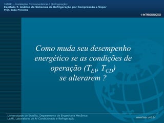 www.laar.unb.br
Universidade de Brasília, Departmento de Engenharia Mecânica
LaAR, Laboratorio de Ar Condicionado e Refrigeração
168041 - Instalações Termomecânicas I (Refrigeração)
Capitulo 7. Análise de Sistemas de Refrigeração por Compressão a Vapor
Prof. João Pimenta
1 INTRODUÇÃO
Como muda seu desempenho
energético se as condições de
operação (TEV, TCD)
se alterarem ?
 