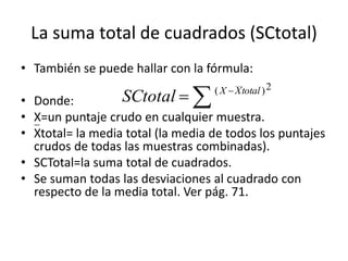 La suma total de cuadrados (SCtotal)
• También se puede hallar con la fórmula:
• Donde:
• X=un puntaje crudo en cualquier muestra.
• Xtotal= la media total (la media de todos los puntajes
crudos de todas las muestras combinadas).
• SCTotal=la suma total de cuadrados.
• Se suman todas las desviaciones al cuadrado con
respecto de la media total. Ver pág. 71.
 

2)( totalXX
SCtotal
 