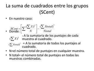 La suma de cuadrados entre los grupos
(SCent)
Ntotal
Xtotal
N
X
SCent
22
)()(   









• En nuestro caso:
• Donde:
= A la sumatoria de los puntajes de cada
muestra al cuadrado.
= A la sumatoria de todos los puntajes al
cuadrado.
• N=el número total de puntajes en cualquier muestra.
• N total= el número total de puntajes en todas las
muestras combinadas.
 2
)( X
2
)(Xtotal
 