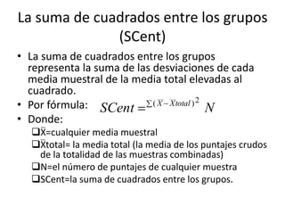 La suma de cuadrados entre los grupos
(SCent)
NSCent totalXX 2)( 

• La suma de cuadrados entre los grupos
representa la suma de las desviaciones de cada
media muestral de la media total elevadas al
cuadrado.
• Por fórmula:
• Donde:
X=cualquier media muestral
Xtotal= la media total (la media de los puntajes crudos
de la totalidad de las muestras combinadas)
N=el número de puntajes de cualquier muestra
SCent=la suma de cuadrados entre los grupos.
 