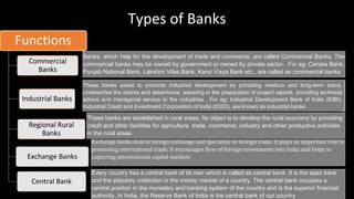 Types of Banks
Functions
Commercial
Banks
Industrial Banks
Regional Rural
Banks
Exchange Banks
Central Bank
Banks, which help for the development of trade and commerce, are called Commercial Banks. The
commercial banks may be owned by government or owned by private sector. For eg: Canara Bank,
Punjab National Bank, Lakshmi Vilas Bank, Karur Visya Bank etc., are called as commercial banks
These banks assist to promote industrial development by providing medium and long-term loans,
underwrites the shares and debentures, assisting in the preparation of project reports, providing technical
advice and managerial service to the industries. For eg: Industrial Development Bank of India (IDBI),
Industrial Credit and Investment Corporation of India (ICICI), are known as industrial banks
These banks are established in rural areas. Its object is to develop the rural economy by providing
credit and other facilities for agriculture, trade, commerce, industry and other productive activities
in the rural areas
Exchange banks deal in foreign exchange and specialize in foreign trade. It plays an important role in
promoting international trade. It encourages flow of foreign investments into India and helps in
capturing international capital markets
Every country has a central bank of its own which is called as central bank. It is the apex bank
and the statutory institution in the money market of a country. The central bank occupies a
central position in the monetary and banking system of the country and is the superior financial
authority. In India, the Reserve Bank of India is the central bank of our country
 