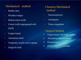 Mechanical method
1. Rubber dam
2. Wooden wedges
3. Rolled cotton twills
4. Cotton twills impregnated with
ZnOE
5. Copper bands
6. Aluminium shell
7. Temporary acrylic resin copings
8. Gingival cords
Chemico-Mechanical
method
1. Vasoconstrictors
2. Astringents
3. Tissue coagulants
Surgical Method
1. Gingivectomy and Gingivoplasty
2. Periodontal flap procedures
3. Electrosurgery
4. Rotary Gingival Curettage
 