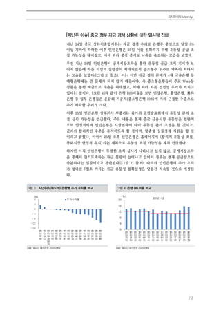 DAISHIN Weekly
19
[지난주 이슈] 중국 정부 자금 경색 상황에 대한 일시적 진화
지난 24일 중국 상하이종합지수는 자금 경색 우려로 은행주 중심으로 당일 5%
이상 가까이 하락한 이후 인민은행은 25일 이를 진화하기 위해 유동성 공급 조
절 가능성을 내비쳤고, 이에 따라 중국 증시도 낙폭을 축소하는 모습을 보였다.
우선 지난 24일 인민은행이 공개시장조작을 통한 유동성 공급 조치 기미가 보
이지 않음에 따른 시장의 실망감이 확대되면서 중소형주 위주로 낙폭이 확대되
는 모습을 보였다([그림 3] 참조). 이는 이번 자금 경색 문제가 4대 국유은행 등
대형은행에는 큰 문제가 되지 않기 때문이다. 즉 중소형은행들이 주로 Wmp등
상품을 통한 예금으로 대출을 확대했고, 이에 따라 자본 건전성 우려가 커지고
있다는 점이다. [그림 4]와 같이 은행 BIS비율을 보면 민생은행, 흥업은행, 화하
은행 등 일부 은행들은 은감회 기준치(중소형은행 10%)에 거의 근접한 수준으로
추가 하락할 우려가 크다.
이후 25일 인민은행 상해본사 부총리는 육가취 포럼발표회에서 유동성 관리 조
절 실시 가능성을 언급했다. 주요 내용은 현재 중국 금융시장 유동성은 전반적
으로 안정적이며 인민은행은 시장변화에 따라 유동성 관리 조절을 할 것이고,
금리가 합리적인 수준을 유지하도록 할 것이며, 맞춤형 실물경제 지원을 할 것
이라고 밝혔다. 이어서 25일 오후 인민은행은 홈페이지에 <합리적 유동성 조절,
통화시장 안정적 유지>라는 제목으로 유동성 조절 가능성을 재차 언급했다.
하지만 아직 인민은행이 뚜렷한 조치 실시가 나타나고 있지 않고, 공개시장조작
을 통해서 만기도래하는 자금 물량이 늘어나고 있어서 정부는 현재 공급량으로
충분하다는 입장이라고 판단된다([그림 2] 참조). 따라서 인민은행의 추가 조치
가 없다면 7월초 까지는 자금 유동성 불확실성은 당분간 지속될 것으로 예상된
다.
그림 3 지난주(6.24~28) 은행별 주가 수익률 비교 그림 4 은행 BIS 비율 비교
자료: Wind, 대신증권 리서치센터 자료: Wind, 대신증권 리서치센터
-16
-12
-8
-4
0
4
8
중국은행
건설은행
포동발전은행
공상은행
광대은행
초상은행
북경은행
중신은행
남경은행
교통은행
흥업은행
농업은행
화하은행
녕파은행
민생은행
평안은행
주가수익률
(%)
0
4
8
12
16
20
공상은행
건설은행
농업은행
중국은행
교통은행
초상은행
중신은행
민생은행
포동발전…
흥업은행
광대은행
화하은행
북경은행
녕파은행
남경은행
2012-12
(%)(%)
 