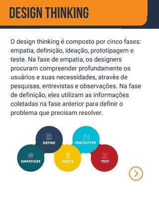 Design Thinking
O design thinking é composto por cinco fases:
empatia, definição, ideação, prototipagem e
teste. Na fase de empatia, os designers
procuram compreender profundamente os
usuários e suas necessidades, através de
pesquisas, entrevistas e observações. Na fase
de definição, eles utilizam as informações
coletadas na fase anterior para definir o
problema que precisam resolver.
 
