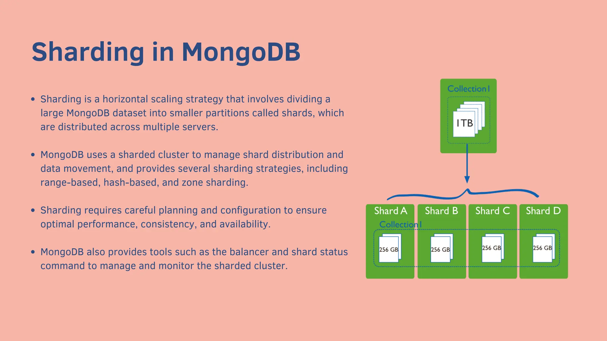 Sharding in MongoDB
Sharding is a horizontal scaling strategy that involves dividing a
large MongoDB dataset into smaller partitions called shards, which
are distributed across multiple servers.
MongoDB uses a sharded cluster to manage shard distribution and
data movement, and provides several sharding strategies, including
range-based, hash-based, and zone sharding.
Sharding requires careful planning and configuration to ensure
optimal performance, consistency, and availability.
MongoDB also provides tools such as the balancer and shard status
command to manage and monitor the sharded cluster.
 