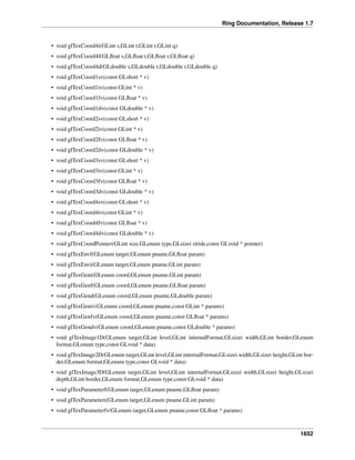 Ring Documentation, Release 1.7
• void glTexCoord4i(GLint s,GLint t,GLint r,GLint q)
• void glTexCoord4f(GLﬂoat s,GLﬂoat t,GLﬂoat r,GLﬂoat q)
• void glTexCoord4d(GLdouble s,GLdouble t,GLdouble r,GLdouble q)
• void glTexCoord1sv(const GLshort * v)
• void glTexCoord1iv(const GLint * v)
• void glTexCoord1fv(const GLﬂoat * v)
• void glTexCoord1dv(const GLdouble * v)
• void glTexCoord2sv(const GLshort * v)
• void glTexCoord2iv(const GLint * v)
• void glTexCoord2fv(const GLﬂoat * v)
• void glTexCoord2dv(const GLdouble * v)
• void glTexCoord3sv(const GLshort * v)
• void glTexCoord3iv(const GLint * v)
• void glTexCoord3fv(const GLﬂoat * v)
• void glTexCoord3dv(const GLdouble * v)
• void glTexCoord4sv(const GLshort * v)
• void glTexCoord4iv(const GLint * v)
• void glTexCoord4fv(const GLﬂoat * v)
• void glTexCoord4dv(const GLdouble * v)
• void glTexCoordPointer(GLint size,GLenum type,GLsizei stride,const GLvoid * pointer)
• void glTexEnvf(GLenum target,GLenum pname,GLﬂoat param)
• void glTexEnvi(GLenum target,GLenum pname,GLint param)
• void glTexGeni(GLenum coord,GLenum pname,GLint param)
• void glTexGenf(GLenum coord,GLenum pname,GLﬂoat param)
• void glTexGend(GLenum coord,GLenum pname,GLdouble param)
• void glTexGeniv(GLenum coord,GLenum pname,const GLint * params)
• void glTexGenfv(GLenum coord,GLenum pname,const GLﬂoat * params)
• void glTexGendv(GLenum coord,GLenum pname,const GLdouble * params)
• void glTexImage1D(GLenum target,GLint level,GLint internalFormat,GLsizei width,GLint border,GLenum
format,GLenum type,const GLvoid * data)
• void glTexImage2D(GLenum target,GLint level,GLint internalFormat,GLsizei width,GLsizei height,GLint bor-
der,GLenum format,GLenum type,const GLvoid * data)
• void glTexImage3D(GLenum target,GLint level,GLint internalFormat,GLsizei width,GLsizei height,GLsizei
depth,GLint border,GLenum format,GLenum type,const GLvoid * data)
• void glTexParameterf(GLenum target,GLenum pname,GLﬂoat param)
• void glTexParameteri(GLenum target,GLenum pname,GLint param)
• void glTexParameterfv(GLenum target,GLenum pname,const GLﬂoat * params)
1652
 