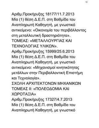12

Αριθμ.Προκήρυξης 18177/11.7.2013
Μία (1) θέση Δ.Ε.Π. στη Βαθμίδα του
Αναπληρωτή Καθηγητή, με γνωστικό
αντικείμενο: «Οικονομία του περιβάλλοντος
στη μεταλλευτική δραστηριότητα».
ΤΟΜΕΑΣ: «ΜΕΤΑΛΛΟΥΡΓΙΑΣ ΚΑΙ
ΤΕΧΝΟΛΟΓΙΑΣ ΥΛΙΚΩΝ».
Αριθμ.Προκήρυξης 15999/25.6.2013
Μία (1) θέση Δ.Ε.Π. στη Βαθμίδα του
Αναπληρωτή Καθηγητή, με γνωστικό
αντικείμενο: «Μηχανισμοί κινητικότητας
μετάλλων στην Περιβαλλοντική Επιστήμη
και Τεχνολογία».
ΣΧΟΛΗ ΑΡΧΙΤΕΚΤΟΝΩΝ ΜΗΧΑΝΙΚΩΝ
ΤΟΜΕΑΣ ΙΙ: «ΠΟΛΕΟΔΟΜΙΑ ΚΑΙ
ΧΩΡΟΤΑΞΙΑ»
Αριθμ.Προκήρυξης 17327/4.7.2013
Μία (1) θέση Δ.Ε.Π. στη Βαθμίδα του
Αναπληρωτή Καθηγητή, με γνωστικό

 