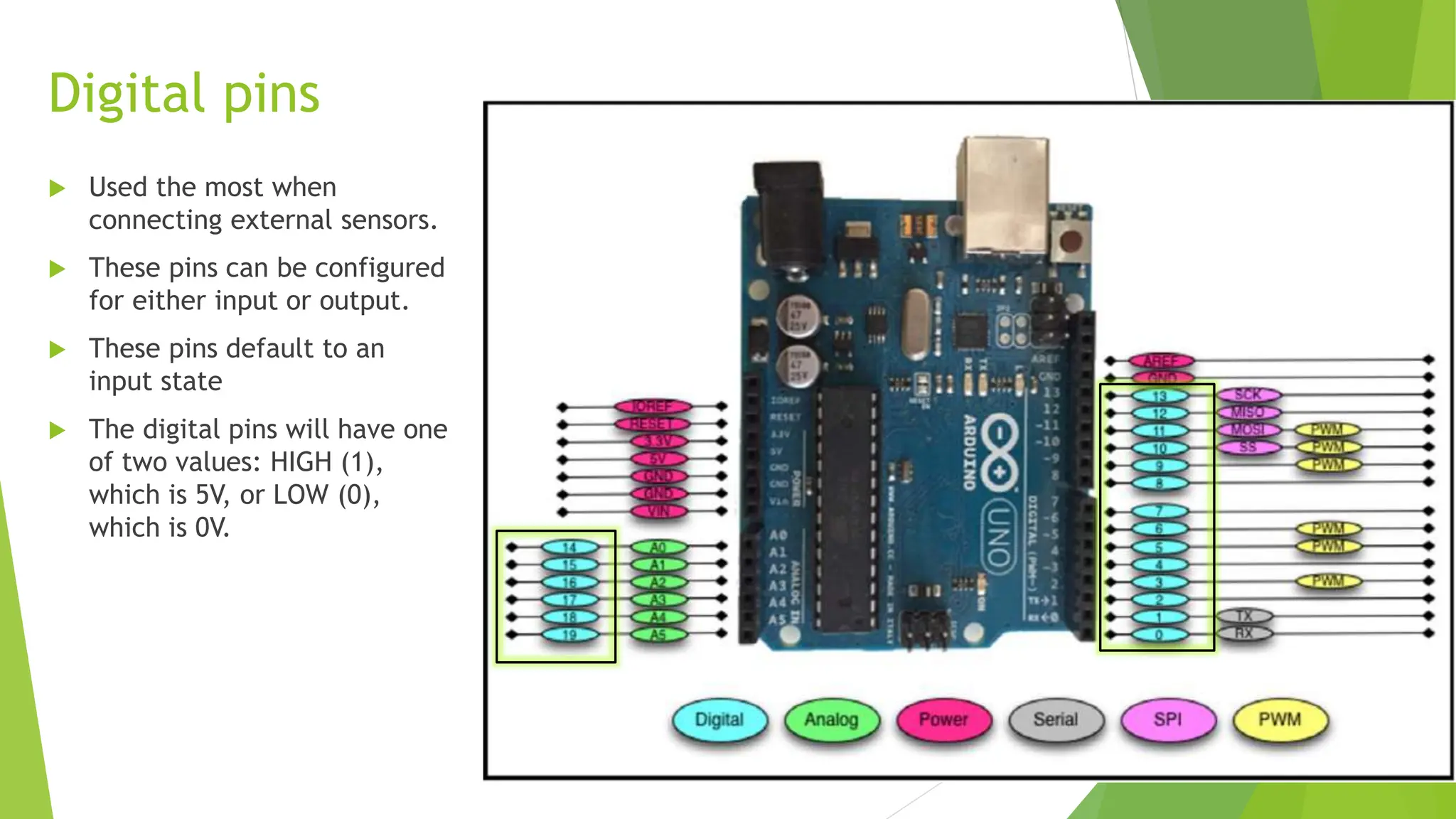 Digital pins  Used the most when connecting external sensors.  These pins can be configured for either input or output.  These pins default to an input state  The digital pins will have one of two values: HIGH (1), which is 5V, or LOW (0), which is 0V. 