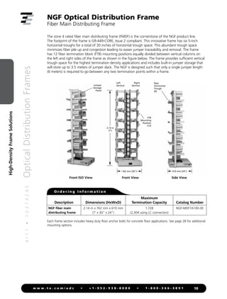 4
/
1
1
•
1
0
3
7
4
2
A
E
Optical
Distribution
Frames
10
w w w . t e . c o m / a d c • + 1 - 9 5 2 - 9 3 8 - 8 0 8 0 • 1 - 8 0 0 - 3 6 6 - 3 8 9 1
High-Density
Frame
Solutions
NGF Optical Distribution Frame
Fiber Main Distributing Frame
Jumper
Storage
Panel
Left
Vertical
Right
Vertical
FTB
Mounting
Position
(12)
2.14 m
(7')
483 mm
(19")
762 mm (30")
483 mm
(19")
610 mm (24")
2.14 m
(7')
483 mm
(19")
762 mm (30")
483 mm
(19")
610 mm (24")
Front ISO View Front View Side View
Each frame section includes heavy duty floor anchor bolts for concrete floor applications. See page 28 for additional
mounting options.
The zone 4 rated fiber main distributing frame (FMDF) is the cornerstone of the NGF product line.
The footprint of the frame is GR-449-CORE, Issue 2 compliant. This innovative frame has six 5-inch
horizontal troughs for a total of 30 inches of horizontal trough space. This abundant trough space
minimizes fiber pile up and congestion leading to easier jumper traceability and removal. The frame
has 12 fiber termination block (FTB) mounting positions equally divided between vertical columns on
the left and right sides of the frame as shown in the figure below. The frame provides sufficient vertical
trough space for the highest termination density applications and includes built-in jumper storage that
will store up to 3.5 meters of jumper slack. The NGF is designed such that only a single jumper length
(6 meters) is required to go between any two termination points within a frame.
Rear
Horizontal
Trough
(6)
Description Dimensions (HxWxD)
Maximum
Termination Capacity Catalog Number
NGF fiber main
distributing frame
2.14 m x 762 mm x 610 mm
(7' x 30" x 24")
1,728
(2,304 using LC connectors)
NGF-MDF7A100-30
O r d e r i n g I n f o r m a t i o n
2.14 m
(7')
483 mm
(19")
762 mm (30")
483 mm
(19")
610 mm (24")
 