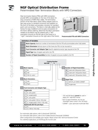 4
/
1
1
•
1
0
3
7
4
2
A
E
Optical
Distribution
Frames
15
w w w . t e . c o m / a d c • + 1 - 9 5 2 - 9 3 8 - 8 0 8 0 • 1 - 8 0 0 - 3 6 6 - 3 8 9 1
High-Density
Frame
Solutions
NGF Optical Distribution Frame
Preterminated Fiber Termination Blocks with MPO Connectors
Fiber termination blocks (FTBs) with MPO connectors
provide MPO connectability on the rear of the block for
easy connection of MPO fiber cables. The termination
portion of the fiber block utilizes sliding adapter packs to
gain easy access to standard connectors and adapters on
the front of the block and provides a location for standard
patch cord connections. The block is internally cabled at the
factory for easy installation and occupies one position of
the frame. Before ordering, determine the block orientation
needed as the blocks may be ordered with a “left”
orientation (mounts on the left side of the frame) or a
“right” orientation (mounts on the right side of the frame).
For multimode cable options, refer to literature# 103472AE.
For multimode cable options, refer to the TrueNet Solutions literature# 102094AE.
Other configurations are available upon request. Please contact ADC Technical Assistance Center.
For underfloor applications, an FOTSB (pg 24) must be used.
Preterminated FTB with MPO Connectors
Definition of Variables
1 Block Capacity Maximum number of terminations that the FTB will accommodate when fully loaded
2 Block Orientation Vertical column of the frame the FTB is to be mounted on
3 Front Connector and Adapter Type Specific adapter/connector type required at the FTB
4 Pigtail Type Type of pigtail used within the FTB
5 Number of Pigtail Assemblies Number of pigtails to be pre-installed in the FTB
Block Capacity
C 96
M 1441
Q 192 (LC only)1, 2
1
Block Orientation
L Left
R Right
2
Number of Pigtail Assemblies
08 Used with 96-position block
12 Used with 144-position block
16 Used with 192-position block
5
Front Connector and Adapter Type
Singlemode
7 SC ultra polish
L SC angled polish
2 FC ultra polish
K LC ultra polish (144 or 192 only)
M LC angled polish (144 or 192 only)
Multimode (50/125 µm) Aqua
T SC
C LC (144 or 192 only)
3
Catalog Number
NGF-MP __ __ 0 __ __ __
Pigtail Type
1 50/125 µm (OM3) LOMMF3
5 Singlemode
4
1

192 and144 blocks cannot be used in
legacy 26 wide NGF frames.
2

Due to space limitations, do not use
Tracerlight®
patch cords in the 192 block.
3

LOMMF – Laser optimized multimode fiber.
 