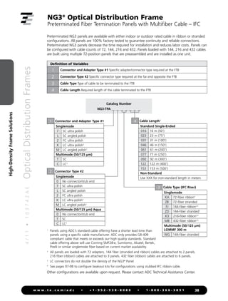 4
/
1
1
•
1
0
3
7
4
2
A
E
Optical
Distribution
Frames
38
w w w . t e . c o m / a d c • + 1 - 9 5 2 - 9 3 8 - 8 0 8 0 • 1 - 8 0 0 - 3 6 6 - 3 8 9 1
High-Density
Frame
Solutions
NG3®
Optical Distribution Frame
Preterminated Fiber Termination Panels with Multifiber Cable – IFC
Other configurations are available upon request. Please contact ADC Technical Assistance Center.
Catalog Number
NG3-TPA __ __ __ __ __ __ __
Connector Type #2
Singlemode
0 No connector/stub end
7 SC ultra polish
L SC angled polish
2 FC ultra polish
K LC ultra polish3
M LC angled polish3
Multimode (50/125 µm) Aqua
0 No connector/stub end
T SC
C LC3
2
Connector and Adapter Type #1
Singlemode
7 SC ultra polish
L SC angled polish
2 FC ultra polish
K LC ultra polish3
M LC angled polish3
Multimode (50/125 µm)
T SC
C LC3
1 4
Cable Type (IFC Riser)
Singlemode
KA 72-fiber ribbon4
ZB 72-fiber stranded
FJ 144-fiber ribbon2,4
ZD 144-fiber stranded2
K3 216-fiber ribbon2,4
M8 432-fiber ribbon2,4
Multimode (50/125 µm)
LOMMF 300 m
WG 144-fiber stranded
3
1
	
Panels using ADC’s standard cable offering have a shorter lead time than
panels using a specific cable manufacturer. ADC only provides GR-409
compliant cable that meets or exceeds our high quality standards. Standard
cable offering above will use Corning SMF28-e, Sumitomo, Alcatel, Bertek,
Pirelli or similar singlemode fiber based on current market availability.
2
	
All panels are loaded with 72 adapters. 144 fiber (stranded and ribbon) cables are attached to 2 panels.
216 fiber (ribbon) cables are attached to 3 panels. 432 fiber (ribbon) cables are attached to 6 panels.
3
	
LC connectors do not double the denisty of the NG3®
Panel
4
	
See pages 97-98 to configure beakout kits for configurations using stubbed IFC ribbon cable.
Cable Length1
Standard Single-Ended
016 16 m (50')
023 23 m (75')
031 31 m (100')
046 46 m (150')
061 61 m (200')
077 77 m (250')
092 92 m (300')
122 122 m (400')
153 153 m (500')
Non-Standard
Use XXX for non-standard length in meters
Preterminated NG3 panels are available with either indoor or outdoor rated cable in ribbon or stranded
configurations. All panels are 100% factory tested to guarantee continuity and reliable connections.
Preterminated NG3 panels decrease the time required for installation and reduces labor costs. Panels can
be configured with cable counts of 72, 144, 216 and 432. Panels loaded with 144, 216 and 432 cables
are built using multiple 72-position panels that are preassembled and are installed as one unit.
Definition of Variables
1 Connector and Adapter Type #1 Specific adapter/connector type required at the FTB
2 Connector Type #2 Specific connector type required at the far end opposite the FTB
3 Cable Type Type of cable to be terminated to the FTB
4 Cable Length Required length of the cable terminated to the FTB
 