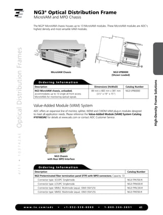 4
/
1
1
•
1
0
3
7
4
2
A
E
Optical
Distribution
Frames
41
w w w . t e . c o m / a d c • + 1 - 9 5 2 - 9 3 8 - 8 0 8 0 • 1 - 8 0 0 - 3 6 6 - 3 8 9 1
High-Density
Frame
Solutions
NG3®
Optical Distribution Frame
MicroVAM and MPO Chassis
Value-Added Module (VAM) System
ADC offers an expansive line of monitor, splitter, WDM and CWDM VAM plug-in modules designed
to meet all application needs. Please reference the Value-Added Module (VAM) System Catalog
#101663AE for details at www.adc.com or contact ADC Customer Service.
O r d e r i n g I n f o r m a t i o n
Description Dimensions (HxWxD) Catalog Number
NG3 MicroVAM chassis, unloaded;
accommodates up to 13 single all front access
MicroVAMs for monitoring optical signals
89 mm x 483 mm x 381 mm
(3.5 x 19 x 15)
NG3-VPB0000
The NG3®
MicroVAM chassis houses up to 13 MicroVAM modules. These MicroVAM modules are ADC's
highest density and most versatile VAM modules.
MicroVAM Chassis NG3-VPB0000
(Shown Loaded)
Description Catalog Number
NG3 Preterminated fiber termination panel (FTP) with MPO connectors; Capacity: 72
Connector type: SC/UPC Singlemode. NG3-TPA700-R
Connector type: LC/UPC Singlemode. NG3-TPAK00-R
Connector type: MMLC Multimode (aqua). OM3 (50/125) NG3-TPAC00-R
Connector type: MMSC Multimode (aqua). OM3 (50/125) NG3-TPAT00-R
O r d e r i n g I n f o r m a t i o n
NG3 Chassis
with Rear MPO Interface
 