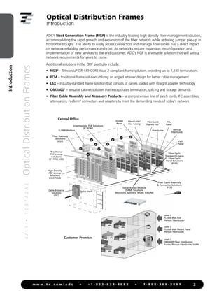 4
/
1
1
•
1
0
3
7
4
2
A
E
Optical
Distribution
Frames
Introduction
2
w w w . t e . c o m / a d c • + 1 - 9 5 2 - 9 3 8 - 8 0 8 0 • 1 - 8 0 0 - 3 6 6 - 3 8 9 1
Fiber Raceway
Solutions
(FGS)
Splice Vault
Cable Entrance
Solutions
(FEC)
High-Density
FDF Lineup
Solutions
(NGF, NG3)
FL1000 Wallbox
FiberGuide
Express Exit™
Traditional
FDF Lineup
Solutions
(8" FCM, LSX)
Intermediate FDF Solutions
(8" FCM)
FL2000
Panel
FiberGuide®
Flex Tubing
RiserGuide Vertical
FiberGuide
FPL
Panel
FMT
Panel
Fiber Optic
Transport Lineup
Fiber Optic
Panel Solutions
(FOP)
Fiber Cable Assembly
& Connector Solutions
(FCC)
Value-Added Module
(VAM) Solutions
(Monitors, Splitters, WDM, CWDM)
24"
12"
12"
12"
6"
6"
6"
6"
6"
6"
Level 3
FL1000 Wall Box
Plenum FiberGuide®
Level 2
FL2000 Wall Mount Panel
Plenum FiberGuide
Level 1
OMX600®
Fiber Distribution
Frame, Plenum FiberGuide, VAMs
Customer Premises
Central Office
ADC’s Next Generation Frame (NGF) is the industry-leading high-density fiber management solution,
accommodating the rapid growth and expansion of the fiber network while reducing jumper pile-up in
horizontal troughs. The ability to easily access connectors and manage fiber cables has a direct impact
on network reliability, performance and cost. As networks require expansion, reconfiguration and
implementation of new services to the end customer, ADC’s NGF is a versatile solution that will satisfy
network requirements for years to come.
Additional solutions in the ODF portfolio include:
• NG3®
– Telecordia®
GR-449-CORE-Issue 2 compliant frame solution, providing up to 1,440 terminations
• FCM – traditional frame solution utilizing an angled retainer design for better cable management
• LSX – industry-standard frame solution that consists of panels loaded with straight adapter technology
• OMX600®
– versatile cabinet solution that incorporates termination, splicing and storage demands
• Fiber Cable Assembly and Accessory Products – a comprehensive line of patch cords, IFC assemblies,
attenuators, FasTerm®
connectors and adapters to meet the demanding needs of today’s network
Optical Distribution Frames
Introduction
 