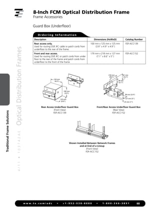 4
/
1
1
•
1
0
3
7
4
2
A
E
Optical
Distribution
Frames
60
w w w . t e . c o m / a d c • + 1 - 9 5 2 - 9 3 8 - 8 0 8 0 • 1 - 8 0 0 - 3 6 6 - 3 8 9 1
Traditional
Frame
Solutions
8-Inch FCM Optical Distribution Frame
Frame Accessories
Guard Box (Underfloor)
124 mm
(4.9)
100 mm
(3.9)
125 mm
(4.9)
127 mm (5)
99 mm (3.9)
25 mm (1)
218 mm
(8.6)
81 mm
(3.2)
78 mm
(3.1)
Rear Access Underfloor Guard Box
(Front View)
FDF-ACC139
Front/Rear Access Underfloor Guard Box
(Rear View)
FDF-ACC152
Shown Installed Between Network Frames
and at End of a Lineup
(Front View)
FDF-ACC152
O r d e r i n g I n f o r m a t i o n
Description Dimensions (HxWxD) Catalog Number
Rear access only.
Used for routing OSP, IFC cable or patch cords from
underfloor to the rear of the frame.
100 mm x 125 mm x 125 mm
(3.9 x 4.9 x 4.9)
FDF-ACC139
Front and rear access.
Used for routing OSP, IFC or patch cords from under
floor to the rear of the frame and patch cords from
underfloor to the front of the frame.
179 mm x 218 mm x 127 mm
(7.1 x 8.6 x 5)
FDF-ACC152
 