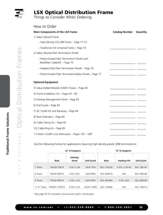 4
/
1
1
•
1
0
3
7
4
2
A
E
Optical
Distribution
Frames
70
w w w . t e . c o m / a d c • + 1 - 9 5 2 - 9 3 8 - 8 0 8 0 • 1 - 8 0 0 - 3 6 6 - 3 8 9 1
Traditional
Frame
Solutions
How to Order
Main Components of the LSX Frame Catalog Number Quantity
1) Select desired Frame
– High-Density LSX 288 Frame – Page 71-73
– Traditional LSX Universal Frame – Page 74 ____________________ _______
2) Select desired Fiber Termination Panels
– Preterminated Fiber Termination Panels with
Multifiber Cable-IFC – Page 75 ____________________ _______
– Adapter-Only Fiber Termination Panels – Page 76 ____________________ _______
– Preterminated Fiber Termination/Splice Panels – Page 77 ____________________ _______
Optional Equipment
3) Value-Added Module (VAM) Chassis – Page 80 ____________________ _______
4) Frame Installation Kit – Pages 81 - 82 ____________________ _______
5) Interbay Management Panel – Page 83 ____________________ _______
6) End Guard – Page 83 ____________________ _______
7) AC Outlet Kit and Raceway – Page 84 ____________________ _______
8) Rack Extenders – Page 84 ____________________ _______
9) Cable Clamp Kit – Page 85 ____________________ _______
10) Cable Ring Kit – Page 85 ____________________ _______
11) Patch Cord/In-Line Attenuator – Pages 103 - 108* ____________________ _______
LSX Optical Distribution Frame
Things to Consider When Ordering
*See page 85 for standard cross-connect patch cord lengths.
Use the following frames for applications requiring high density panels (288 terminations):
12 D Footprint 15 D Footprint
Rack
Interbay
Panel End Guard Rack Interbay Pnl End Guard
7' Racks PWUEF-7ER1N E-501-L139 UEGP-7PW RAC-7A0160 E-501-L139-HD RAC-7B0162
8' Racks PWUEF-8ER1N E-501-L201 UEGP-8PW RAC-8A0010 N/A RAC-0B0208
9' Racks PWUEF-9ER1N E-501-L142 UEGP-9PW RAC-9A0465 E-501-L627 RAC-9B0209
11' 6 Racks PWUEF-115ER1N E-501-L143 UEGP-115PW RAC-1A0466 N/A RAC-1B0210
 