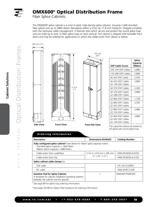 4
/
1
1
•
1
0
3
7
4
2
A
E
Optical
Distribution
Frames
88
w w w . t e . c o m / a d c • + 1 - 9 5 2 - 9 3 8 - 8 0 8 0 • 1 - 8 0 0 - 3 6 6 - 3 8 9 1
Cabinet
Solutions
OMX600®
Optical Distribution Frame
Fiber Splice Cabinets
The OMX600®
splice cabinet is a zone 4 rated, high-density splice solution, housing 1,440 stranded
fiber splices and up to 2880 ribbon fibersplices within a 23.6- by 11.8-inch footprint. Shipped complete
with the necessary cable management, it features slots which secure and protect the round splice trays
and can hold up to sixty 12-fiber splice trays on each vertical. The cabinet is shipped with lockable front
doors and may be ordered for applications in which the cables enter from above or below.
Front ISO View
Front View
Side View
O r d e r i n g I n f o r m a t i o n
Description Dimensions (HxWxD) Catalog Number
Fully configured splice cabinet* (see above for ribbon splice capacity matrix)
Stranded Splice Capacity = 1440 Fibers
Ribbon Splice Capacity = 2880 Fibers
Cable enters from underfloor 2.14 m x 610 mm x 305 mm
(7' x 24 x 12)
MX6-SPL6030-A-D7Z4
Cable enters from top MX6-SPL6030-A-U7Z4
Splice cabinet cable clamps for
OSP cable FEC-ACCCLMP01
IFC cable MX6-SPLIFCCLMP
Isolation Pad for Splice Cabinet.
A template for cabinet installation providing isolation
between the cabinet and the ground
– MX6-BAYTEMPLATE
4

See page 89 for splice tray ordering information.
*See pages 94-98 for ribbon fiber breakout kit ordering information.
305 mm (12)
610 mm
(24)
2.14 m
(7')
The capacities above are based on
24 splices per round splice tray.
OSP Cable Count
Splice
Capacity
Ribbon
(20) 144 OSP Cables 2,880
(10) 288 OSP Cables 2,880
(6) 432 OSP Cabes 2,592
(6) 432 OSP Cables
(2) 144 OSP Cables
2,880
(4) 576 OSP Cables 2,304
(4) 576 OSP Cables
(2) 288 OSP Cables
2,880
(2) 864 OSP Cables 1,728
(2) 864 OSP Cables
(2) 432 OSP Cables
2,592
(2) 864 OSP Cables
(2) 576 OSP Cables
2,880
(2) 864 OSP Cables
(2) 432 OSP Cables
(2) 144 OSP Cables
2,880
 