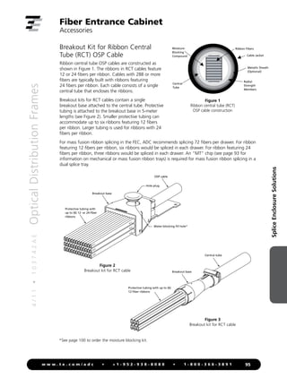 4
/
1
1
•
1
0
3
7
4
2
A
E
Optical
Distribution
Frames
95
w w w . t e . c o m / a d c • + 1 - 9 5 2 - 9 3 8 - 8 0 8 0 • 1 - 8 0 0 - 3 6 6 - 3 8 9 1
Splice
Enclosure
Solutions
Breakout Kit for Ribbon Central
Tube (RCT) OSP Cable
Ribbon central tube OSP cables are constructed as
shown in Figure 1. The ribbons in RCT cables feature
12 or 24 fibers per ribbon. Cables with 288 or more
fibers are typically built with ribbons featuring
24 fibers per ribbon. Each cable consists of a single
central tube that encloses the ribbons.
Breakout kits for RCT cables contain a single
breakout base attached to the central tube. Protective
tubing is attached to the breakout base in 5-meter
lengths (see Figure 2). Smaller protective tubing can
accommodate up to six ribbons featuring 12 fibers
per ribbon. Larger tubing is used for ribbons with 24
fibers per ribbon.
For mass fusion ribbon splicing in the FEC, ADC recommends splicing 72 fibers per drawer. For ribbon
featuring 12 fibers per ribbon, six ribbons would be spliced in each drawer. For ribbon featuring 24
fibers per ribbon, three ribbons would be spliced in each drawer. An “MT” chip (see page 93 for
information on mechanical or mass fusion ribbon trays) is required for mass fusion ribbon splicing in a
dual splice tray.
Moisture-
Blocking
Compound
Central
Tube
Radial
Strength
Members
Ribbon Fibers
Cable Jacket
Metallic Sheath
(Optional)
Figure 1: Ribbon Central Tube (RCT) OSP
cable construction
Water-blocking fill hole*
#12
#24
#36
Hole plug
#12
#24
#36
OSP cable
Protective tubing with
up to (6) 12- or 24-fiber
ribbons
Breakout base
Fiber Entrance Cabinet
Accessories
Figure 1
Ribbon central tube (RCT)
OSP cable construction
Figure 3: Breakout kit for RCT cable
Central tube
Breakout base
Protective tubing with up to (6)
12-fiber ribbons
Figure 3
Breakout kit for RCT cable
Figure 2
Breakout kit for RCT cable
*See page 100 to order the moisture blocking kit.
 