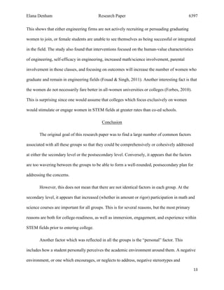Elana Denham Research Paper 6397
13	
	
This shows that either engineering firms are not actively recruiting or persuading graduating
women to join, or female students are unable to see themselves as being successful or integrated
in the field. The study also found that interventions focused on the human-value characteristics
of engineering, self-efficacy in engineering, increased math/science involvement, parental
involvement in those classes, and focusing on outcomes will increase the number of women who
graduate and remain in engineering fields (Fouad & Singh, 2011). Another interesting fact is that
the women do not necessarily fare better in all-women universities or colleges (Forbes, 2010).
This is surprising since one would assume that colleges which focus exclusively on women
would stimulate or engage women in STEM fields at greater rates than co-ed schools.
Conclusion
The original goal of this research paper was to find a large number of common factors
associated with all these groups so that they could be comprehensively or cohesively addressed
at either the secondary level or the postsecondary level. Conversely, it appears that the factors
are too wavering between the groups to be able to form a well-rounded, postsecondary plan for
addressing the concerns.
However, this does not mean that there are not identical factors in each group. At the
secondary level, it appears that increased (whether in amount or rigor) participation in math and
science courses are important for all groups. This is for several reasons, but the most primary
reasons are both for college-readiness, as well as immersion, engagement, and experience within
STEM fields prior to entering college.
Another factor which was reflected in all the groups is the “personal” factor. This
includes how a student personally perceives the academic environment around them. A negative
environment, or one which encourages, or neglects to address, negative stereotypes and
 
