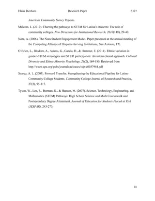 Elana Denham Research Paper 6397
16	
	
American Community Survey Reports.
Malcom, L. (2010). Charting the pathways to STEM for Latina/o students: The role of
community colleges. New Directions for Institutional Research, 2010(148), 29-40.
Nora, A. (2006). The Nora Student Engagement Model. Paper presented at the annual meeting of
the Computing Alliance of Hispanic-Serving Institutions, San Antonio, TX.
O’Brien, L., Blodorn, A., Adams, G., Garcia, D., & Hammer, E. (2014). Ethnic variation in
gender-STEM stereotypes and STEM participation: An intersectional approach. Cultural
Diversity and Ethnic Minority Psychology, 21(2), 169-180. Retrieved from
http://www.apa.org/pubs/journals/releases/cdp-a0037944.pdf
Suarez, A. L. (2003). Forward Transfer: Strengthening the Educational Pipeline for Latino
Community College Students. Community College Journal of Research and Practice,
27(2), 95-117.
Tyson, W., Lee, R., Borman, K., & Hanson, M. (2007). Science, Technology, Engineering, and
Mathematics (STEM) Pathways: High School Science and Math Coursework and
Postsecondary Degree Attainment. Journal of Education for Students Placed at Risk
(JESPAR), 243-270.
 