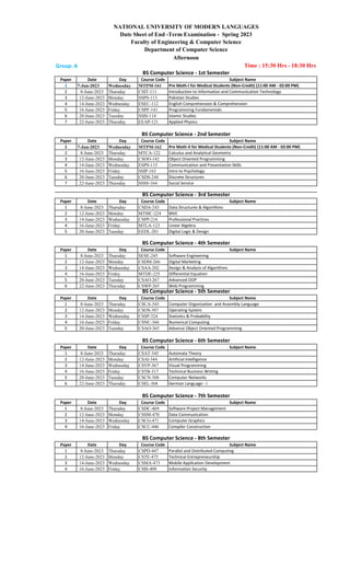 Group: A Time : 15:30 Hrs - 18:30 Hrs
Paper Date Day Course Code Subject Name
1 7-Jun-2023 Wednesday MTPM-161 Pre Math-I for Medical Students (Non-Credit) (11:00 AM - 02:00 PM)
2 8-June-2023 Thursday CSIT-111 Introduction to Information and Communication Technology
3 12-June-2023 Monday SSPS-113 Pakistan Studies
4 14-June-2023 Wednesday ESEC-112 English Comprehension & Comprehension
5 16-June-2023 Friday CSPF-141 Programming Fundamentals
6 20-June-2023 Tuesday SSIS-114 Islamic Studies
7 22-June-2023 Thursday EEAP-121 Applied Physics
Paper Date Day Course Code Subject Name
1 7-Jun-2023 Wednesday MTPM-162 Pre Math-II for Medical Students (Non-Credit) (11:00 AM - 02:00 PM)
2 8-June-2023 Thursday MTCA-122 Calculus and Analytical Geometry
3 12-June-2023 Monday CSOO-142 Object Oriented Programming
4 14-June-2023 Wednesday ESPS-115 Communication and Presentation Skills
5 16-June-2023 Friday SSIP-163 Intro to Psychology
6 20-June-2023 Tuesday CSDS-244 Discrete Structures
7 22-June-2023 Thursday SSSS-164 Social Service
Paper Date Day Course Code Subject Name
1 8-June-2023 Thursday CSDA-243 Data Structures & Algorithms
2 12-June-2023 Monday MTMC-224 MVC
3 14-June-2023 Wednesday CSPP-216 Professional Practices
4 16-June-2023 Friday MTLA-123 Linear Algebra
5 20-June-2023 Tuesday EEDL-201 Digital Logic & Design
Paper Date Day Course Code Subject Name
1 8-June-2023 Thursday SESE-245 Software Engineering
2 12-June-2023 Monday CSDM-266 Digital Marketing
3 14-June-2023 Wednesday CSAA-202 Design & Analysis of Algorithms
4 16-June-2023 Friday MTDE-225 Differential Equation
5 20-June-2023 Tuesday CSAO-267 Advanced OOP
6 22-June-2023 Thursday CSWP-265 Web Programming
Paper Date Day Course Code Subject Name
1 8-June-2023 Thursday CSCA-343 Computer Organization and Assembly Language
2 12-June-2023 Monday CSOS-307 Operating System
3 14-June-2023 Wednesday CSSP-324 Statistics & Probability
4 16-June-2023 Friday CSNC-366 Numerical Computing
5 20-June-2023 Tuesday CSAO-365 Advance Object Oriented Programming
Paper Date Day Course Code Subject Name
1 8-June-2023 Thursday CSAT-345 Automata Theory
2 12-June-2023 Monday CSAI-344 Artificial Intelligence
3 14-June-2023 Wednesday CSVP-367 Visual Programming
4 16-June-2023 Friday CSTB-317 Technical Business Writing
5 20-June-2023 Tuesday CSCN-308 Computer Networks
6 22-June-2023 Thursday CSFL-368 German Language - I
Paper Date Day Course Code Subject Name
1 8-June-2023 Thursday CSDC-469 Software Project Management
2 12-June-2023 Monday CSSM-470 Data Communication
3 14-June-2023 Wednesday CSCG-471 Computer Graphics
4 16-June-2023 Friday CSCC-446 Compiler Construction
Paper Date Day Course Code Subject Name
1 8-June-2023 Thursday CSPD-447 Parallel and Distributed Computing
2 12-June-2023 Monday CSTE-475 Technical Entrepreneurship
3 14-June-2023 Wednesday CSMA-473 Mobile Application Development
4 16-June-2023 Friday CSIS-409 Information Security
BS Computer Science - 3rd Semester
BS Computer Science - 2nd Semester
BS Computer Science - 1st Semester
NATIONAL UNIVERSITY OF MODERN LANGUAGES
Date Sheet of End -Term Examination - Spring 2023
Faculty of Engineering & Computer Science
Department of Computer Science
Afternoon
BS Computer Science - 8th Semester
BS Computer Science - 7th Semester
BS Computer Science - 6th Semester
BS Computer Science - 5th Semester
BS Computer Science - 4th Semester
 