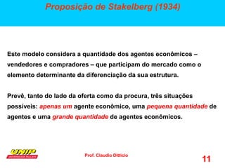 Prof. Claudio Ditticio
11
Proposição de Stakelberg (1934)
Este modelo considera a quantidade dos agentes econômicos –
vendedores e compradores – que participam do mercado como o
elemento determinante da diferenciação da sua estrutura.
Prevê, tanto do lado da oferta como da procura, três situações
possíveis: apenas um agente econômico, uma pequena quantidade de
agentes e uma grande quantidade de agentes econômicos.
 