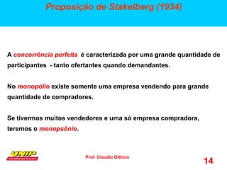 Prof. Claudio Ditticio
14
Proposição de Stakelberg (1934)
A concorrência perfeita é caracterizada por uma grande quantidade de
participantes - tanto ofertantes quando demandantes.
No monopólio existe somente uma empresa vendendo para grande
quantidade de compradores.
Se tivermos muitos vendedores e uma só empresa compradora,
teremos o monopsônio.
 