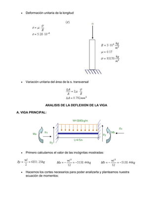 • Deformación unitaria de la longitud
• Variación unitaria del área de la s. transversal
ANALISIS DE LA DEFLEXION DE LA VIGA
A. VIGA PRINCIPAL:
• Primero calculamos el valor de las incógnitas mostradas:
• Hacemos los cortes necesarios para poder analizarla y planteamos nuestra
ecuación de momentos:
 