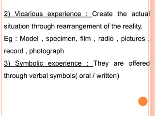 2) Vicarious experience : Create the actual
situation through rearrangement of the reality.
Eg : Model , specimen, film , radio , pictures ,
record , photograph
3) Symbolic experience : They are offered
through verbal symbols( oral / written)
 