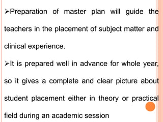 Preparation of master plan will guide the
teachers in the placement of subject matter and
clinical experience.
It is prepared well in advance for whole year,
so it gives a complete and clear picture about
student placement either in theory or practical
field during an academic session
 