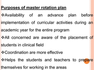 Purposes of master rotation plan
Availability of an advance plan before
implementation of curricular activities during an
academic year for the entire program
All concerned are aware of the placement of
students in clinical field
Coordination are more effective
Helps the students and teachers to prepare
themselves for working in the areas
 