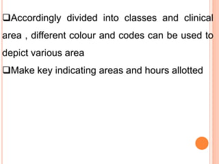 Accordingly divided into classes and clinical
area , different colour and codes can be used to
depict various area
Make key indicating areas and hours allotted
 