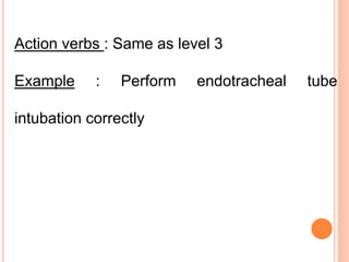 Action verbs : Same as level 3
Example : Perform endotracheal tube
intubation correctly
 
