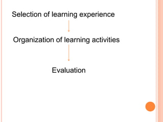 Selection of learning experience
Organization of learning activities
Evaluation
 