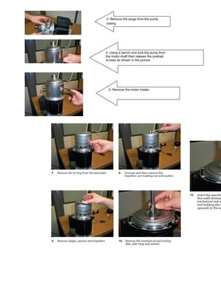 3. Remove the plugs from the pump
casing
4. Using a bench vice lock the pump from
the motor shaft then release the preload
screws as shown in the picture.
5. Remove the motor holder.
 