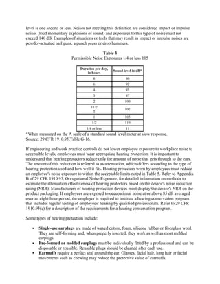 level is one second or less. Noises not meeting this definition are considered impact or impulse
noises (loud momentary explosions of sound) and exposures to this type of noise must not
exceed 140 dB. Examples of situations or tools that may result in impact or impulse noises are
powder-actuated nail guns, a punch press or drop hammers.
Table 3
Permissible Noise Exposures 1/4 or less 115
Duration per day,
in hours
Sound level in dB*
8 90
6 92
4 95
3 97
2 100
11/2
5
102
1 105
1/2 110
1/4 or less 11
*When measured on the A scale of a standard sound level meter at slow response.
Source: 29 CFR 1910.95,Table G-16.
If engineering and work practice controls do not lower employee exposure to workplace noise to
acceptable levels, employees must wear appropriate hearing protection. It is important to
understand that hearing protectors reduce only the amount of noise that gets through to the ears.
The amount of this reduction is referred to as attenuation, which differs according to the type of
hearing protection used and how well it fits. Hearing protectors worn by employees must reduce
an employee's noise exposure to within the acceptable limits noted in Table 5. Refer to Appendix
B of 29 CFR 1910.95, Occupational Noise Exposure, for detailed information on methods to
estimate the attenuation effectiveness of hearing protectors based on the device's noise reduction
rating (NRR). Manufacturers of hearing protection devices must display the device's NRR on the
product packaging. If employees are exposed to occupational noise at or above 85 dB averaged
over an eight-hour period, the employer is required to institute a hearing conservation program
that includes regular testing of employees' hearing by qualified professionals. Refer to 29 CFR
1910.95(c) for a description of the requirements for a hearing conservation program.
Some types of hearing protection include:
 Single-use earplugs are made of waxed cotton, foam, silicone rubber or fiberglass wool.
They are self-forming and, when properly inserted, they work as well as most molded
earplugs.
 Pre-formed or molded earplugs must be individually fitted by a professional and can be
disposable or reusable. Reusable plugs should be cleaned after each use.
 Earmuffs require a perfect seal around the ear. Glasses, facial hair, long hair or facial
movements such as chewing may reduce the protective value of earmuffs.
 