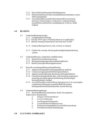 3.5.1 Describethefundamentalsofshaftalignment.
3.5.2 Demonstratetheuseof thereversedialindicatormethodsto correct
shaft misalignment.
3.5.3 Assembleanddisassembleofmechanicaldrivesystemasa
practical.Asanexamples components canbeusearegear
assemblyforcombined drivesandalignment of drives, shafts
andgear.
4.0 BEARING
4.1 Understandbearingconcepts.
4.1.1 Listapplicationof bearing.
4.1.2 Classify FIVE types of bearing based on its application.
4.1.3 Identify bearing numenclature and code base on ISO
4.1.4 Explain Bearing Service Life, in hour or rotation
4.1.5 Explain the concept ofseals,gasketsandpackingintobearing
system.
4.2 Understandfriction, temperature andlubrication.
4.2.1 Identifyfrictioninbearingsystem.
4.2.2 Relateoperatingtemperaturewithbearingfriction.
4.2.3 Identify principleofbearinglubrication.
4.3 Describe mountinganddismountingofbearing.
4.3.1 Applymountinganddismountingequipment andtools.
4.3.2 Usemeasuringequipmentforbearinginstallation.
4.3.3 Applyconcepttoadjusting theclearanceduringinstallation.
4.3.4 Classifymountingmethods likes cold mounting,temperature
mounting,mounting tapered-borebearing,dismountingof
bearing,hydraulic method.
4.3.5 Assembleanddissembleofbearingasapractical.As anexamples
componentscanbeuseare assemblyshaftwith journal
bearingsandassemblyhydrodynamic journal bearing.
4.4 Understandbearingdamage.
4.4.1 Developedbearing maintenance check list,symptoms
forpreventive maintenance.
a. Fatigue,vibrationandwear
b. Corrosiondamage.
c. Scuffingandslidingmarks.
d. Localindentationsintheraceway.
e. Faultymountinganddefectiveinstallationmethods.
f. Poorlubricationand faultindesign.
5.0 CLUTCHES ANDBRAKES
 