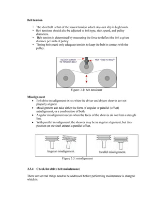Belt tension
• The ideal belt is that of the lowest tension which does not slip in high loads.
• Belt tensions should also be adjusted to belt type, size, speed, and pulley
diameters.
• Belt tension is determined by measuring the force to deflect the belt a given
distance per inch of pulley.
• Timing belts need only adequate tension to keep the belt in contact with the
pulley.
Figure: 3.4: belt tensioner
Misalignment
 Belt drive misalignment exists when the driver and driven sheaves are not
properly aligned.
 Misalignment can take either the form of angular or parallel (offset)
misalignment, or a combination of both.
 Angular misalignment occurs when the faces of the sheaves do not form a straight
line.
 With parallel misalignment, the sheaves may be in angular alignment, but their
position on the shaft creates a parallel offset.
Angular misalignment. Parallel misalignment.
Figure 3.5: misalignment
3.3.4 Check list drive belt maintenance
There are several things need to be addressed before performing maintenance is charged
which is:
 