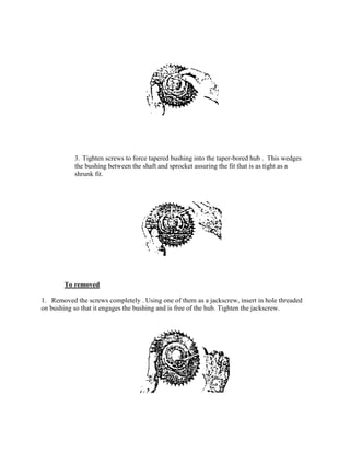 3. Tighten screws to force tapered bushing into the taper-bored hub . This wedges
the bushing between the shaft and sprocket assuring the fit that is as tight as a
shrunk fit.
To removed
1. Removed the screws completely . Using one of them as a jackscrew, insert in hole threaded
on bushing so that it engages the bushing and is free of the hub. Tighten the jackscrew.
 